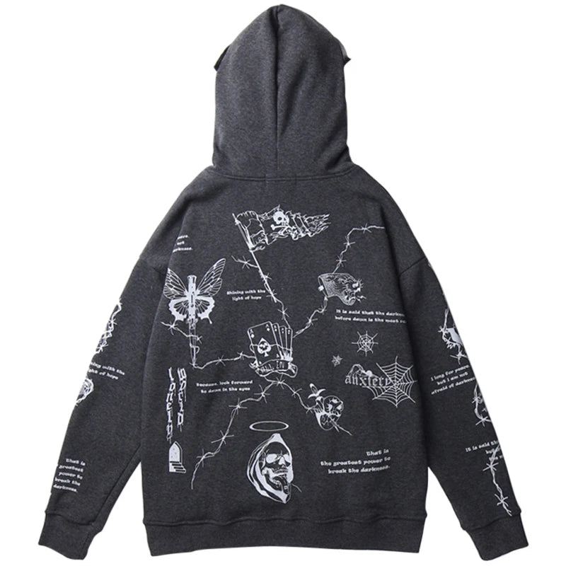 2023 Hip Hop Hoodie Sweatshirt Men Streetwear Skull Graffiti Print Hoodie Pullover Cotton Autumn Grey Harajuku Punk Clothes New
