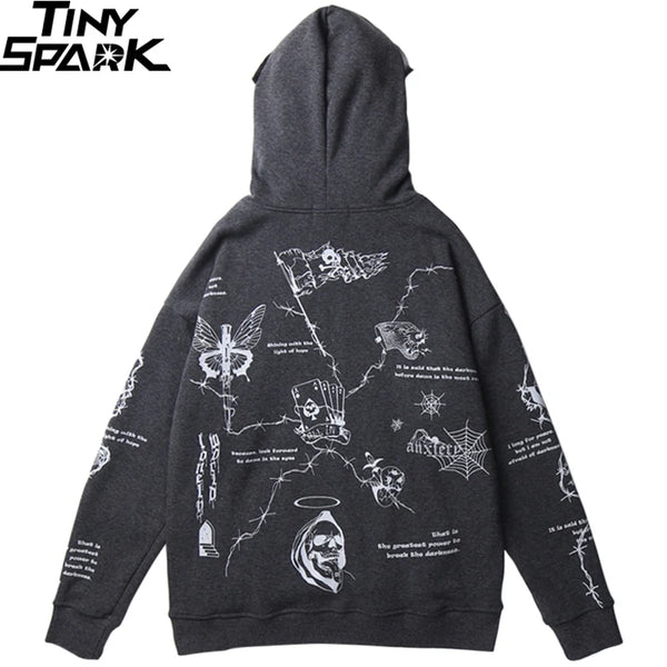 2023 Hip Hop Hoodie Sweatshirt Men Streetwear Skull Graffiti Print Hoodie Pullover Cotton Autumn Grey Harajuku Punk Clothes New