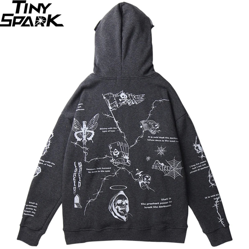 2023 Hip Hop Hoodie Sweatshirt Men Streetwear Skull Graffiti Print Hoodie Pullover Cotton Autumn Grey Harajuku Punk Clothes New