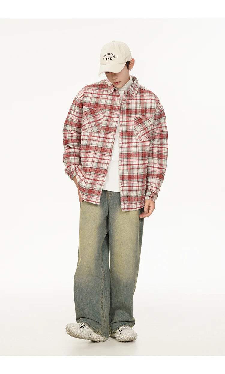 Autumn Winter Men Streetwear Fashion Loose Casual Oversize Plaid Cotton-padded Shirt Style Parkas Jacket Campus Couple Coat