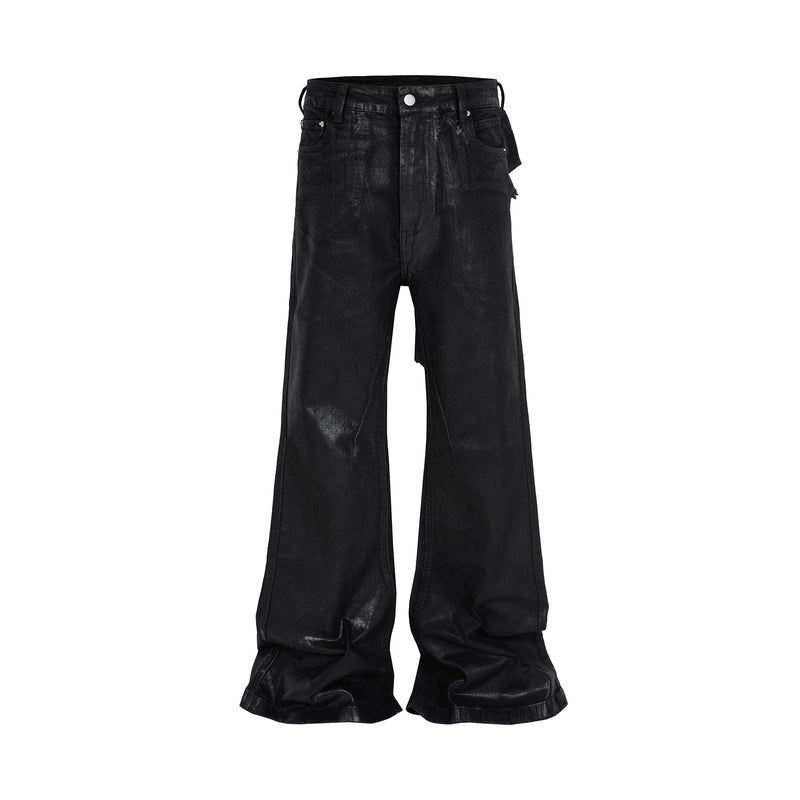 y2k streetwear wax leather strecth jeans for men and women ropa hombre baggy flare pants oversized straight denim trousers 1 stacked flare jeans