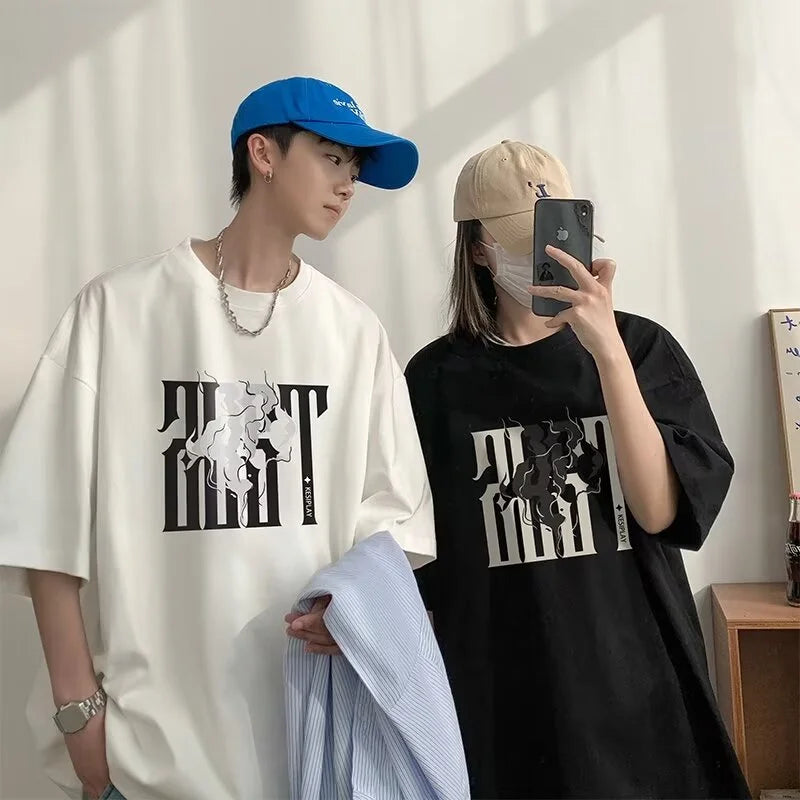 Y2k Crying character – 2024 New American Letter Print Short Sleeve Tee Shirt Mens