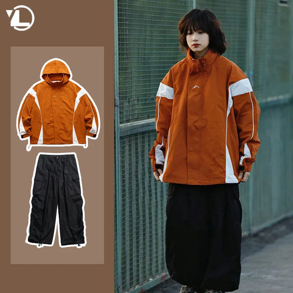 outdoor sports coat set new unisex couple 2 piece set casual hooded windbreaker big pocket wide leg workwear pants suits clean everyday pants