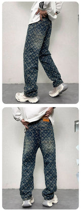 men jacquard streetwear hip hop vibe casual straight denim jeans pants boyfriend high street ripped jeans trousers unique jeans style 3116