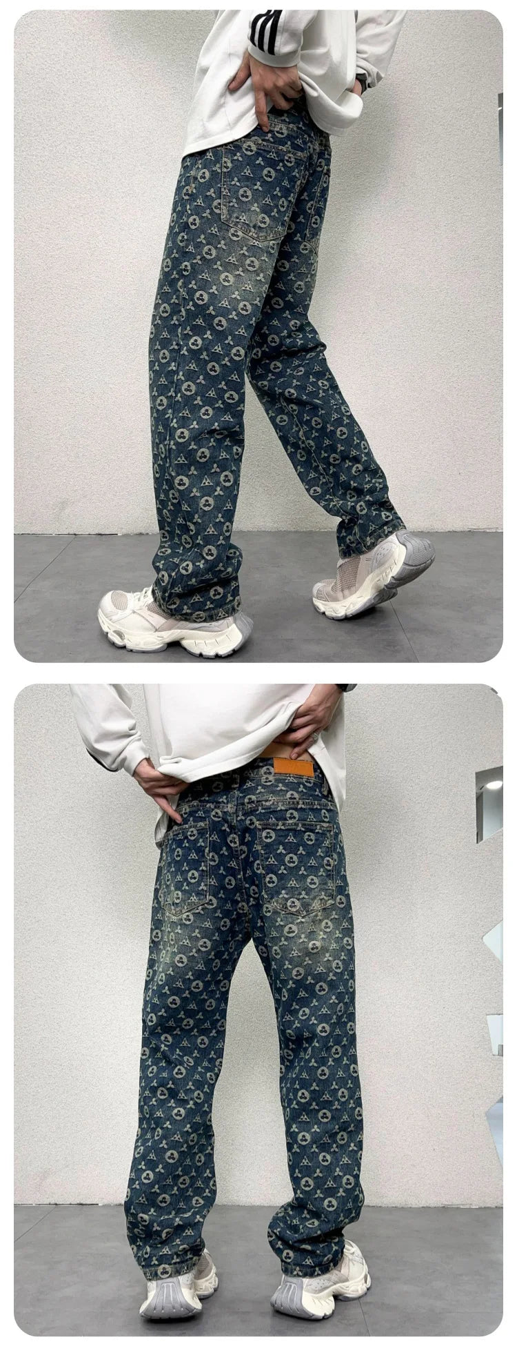 men jacquard streetwear hip hop vibe casual straight denim jeans pants boyfriend high street ripped jeans trousers unique jeans style 3116