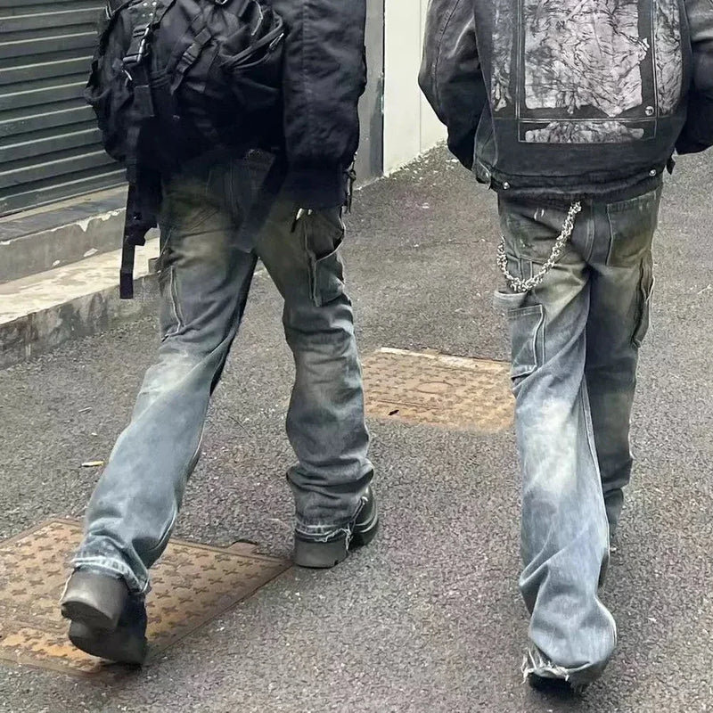 Streetwear Handmade Mud Dyed Dirty Blue Baggy Jeans for Men Distressed Hole Casual Patchwork Denim Trousers Oversized