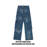 american retro buttons detachable design wide cargo jeans mens womens straight leg pants hip hop washed jeans overall 2023 unique cargo style 912