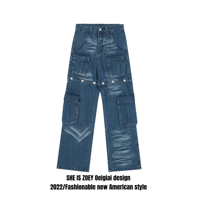 american retro buttons detachable design wide cargo jeans mens womens straight leg pants hip hop washed jeans overall 2023 unique cargo style 912