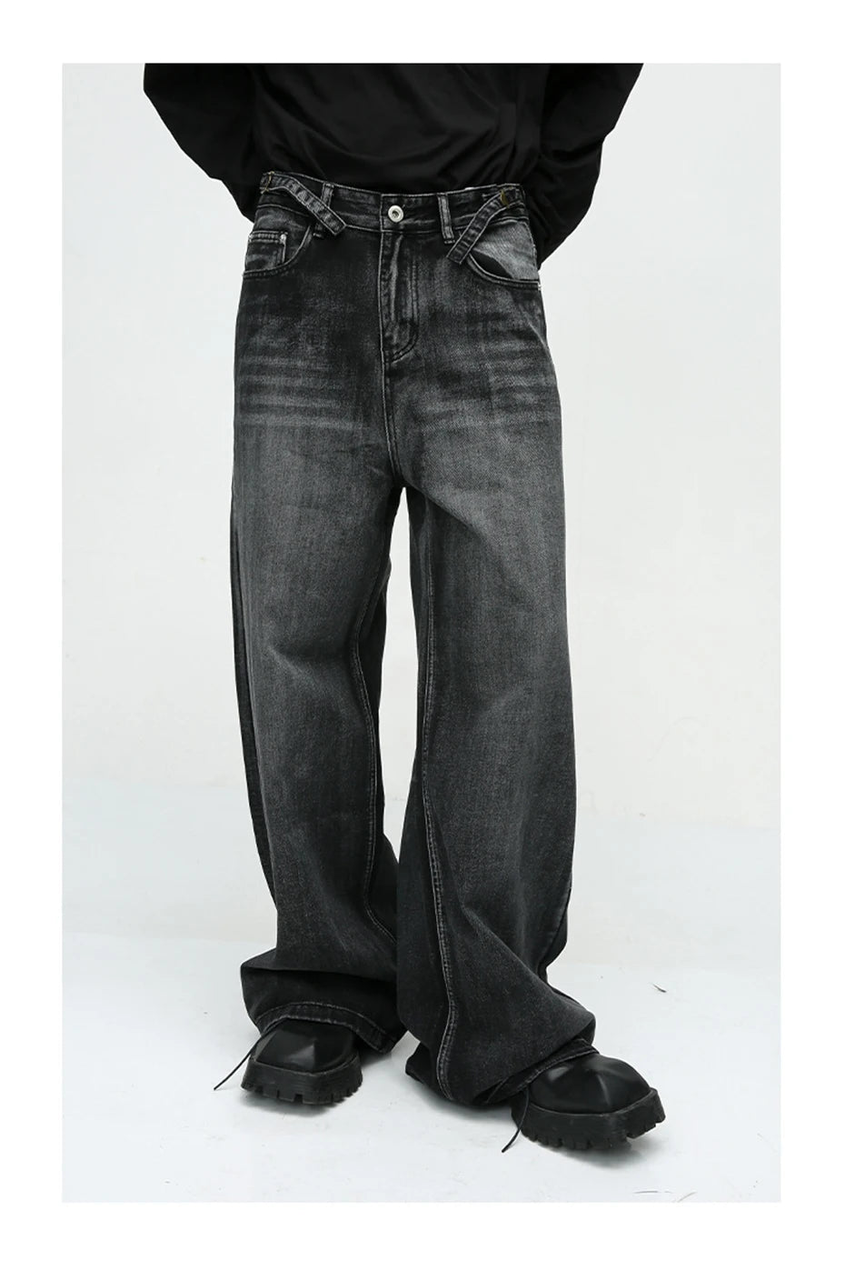 mens black baggy jeans male casual loose straight jeans trousers vintage hip hop denim pants unique jeans style 180