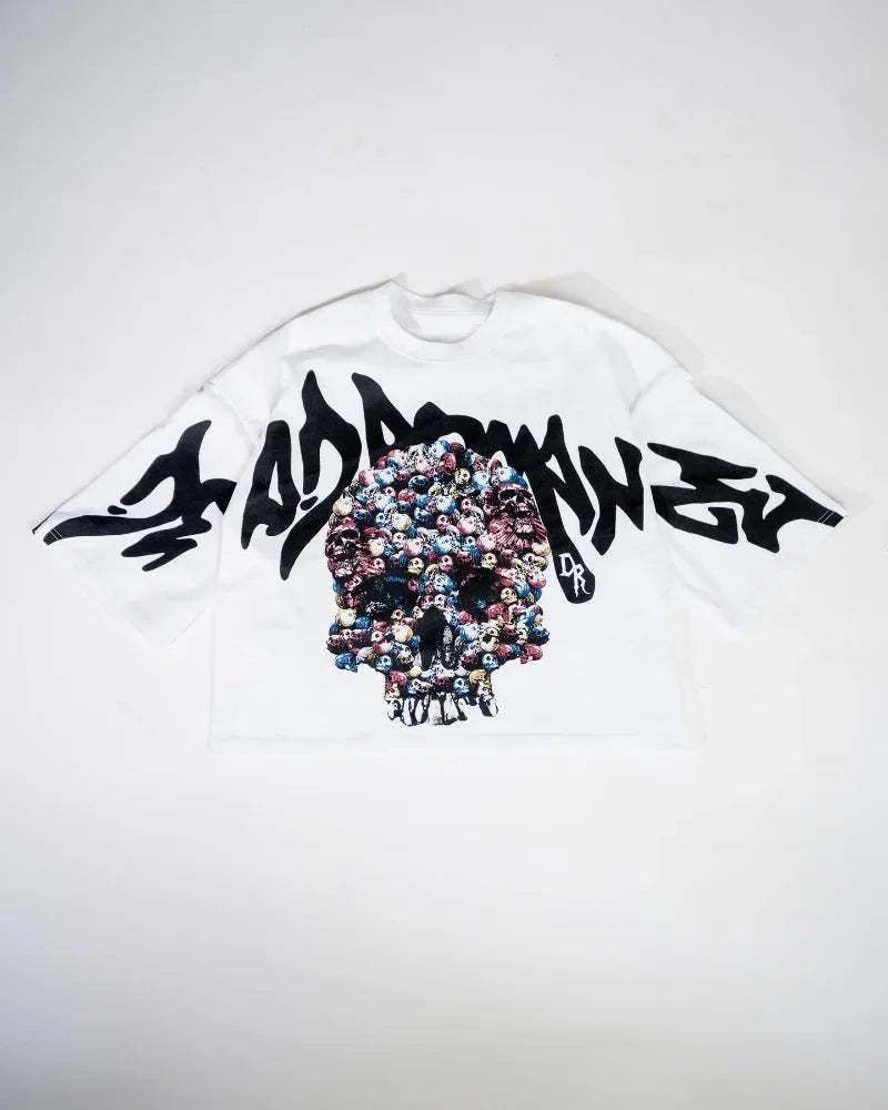 Grunge Vintage t-shirt – American Quirky Gothic Skull Bone Print Oversized T Shirt Wo