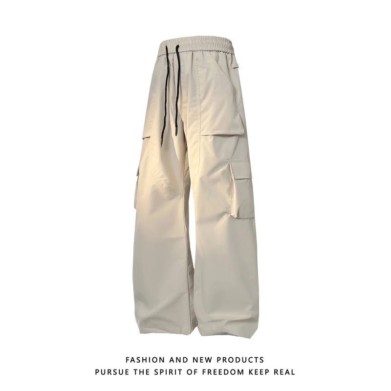 multi pocket mens wide leg straight cargo pants korean fashion track pants male casual loose mopping trousers four seasons unique cargo style 1042