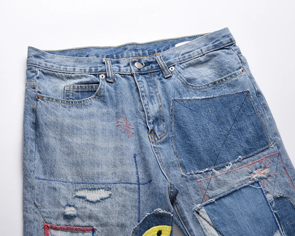 high street floral embroidery patchwork ripped blue jeans pants for male retro straight casual denim trousers oversized jean 1 unique jeans style 1387