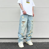 washed blue oversized torn jeans for men streetwear hip hop large destroyed wide leg jeans baggy straight ripped denim pants vintage washed jeans