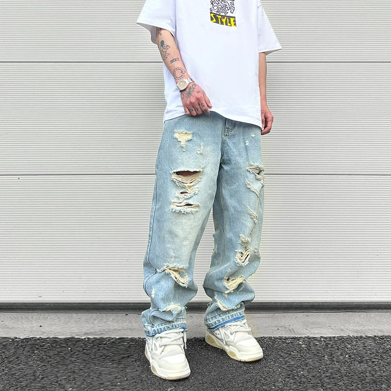 washed blue oversized torn jeans for men streetwear hip hop large destroyed wide leg jeans baggy straight ripped denim pants vintage washed jeans