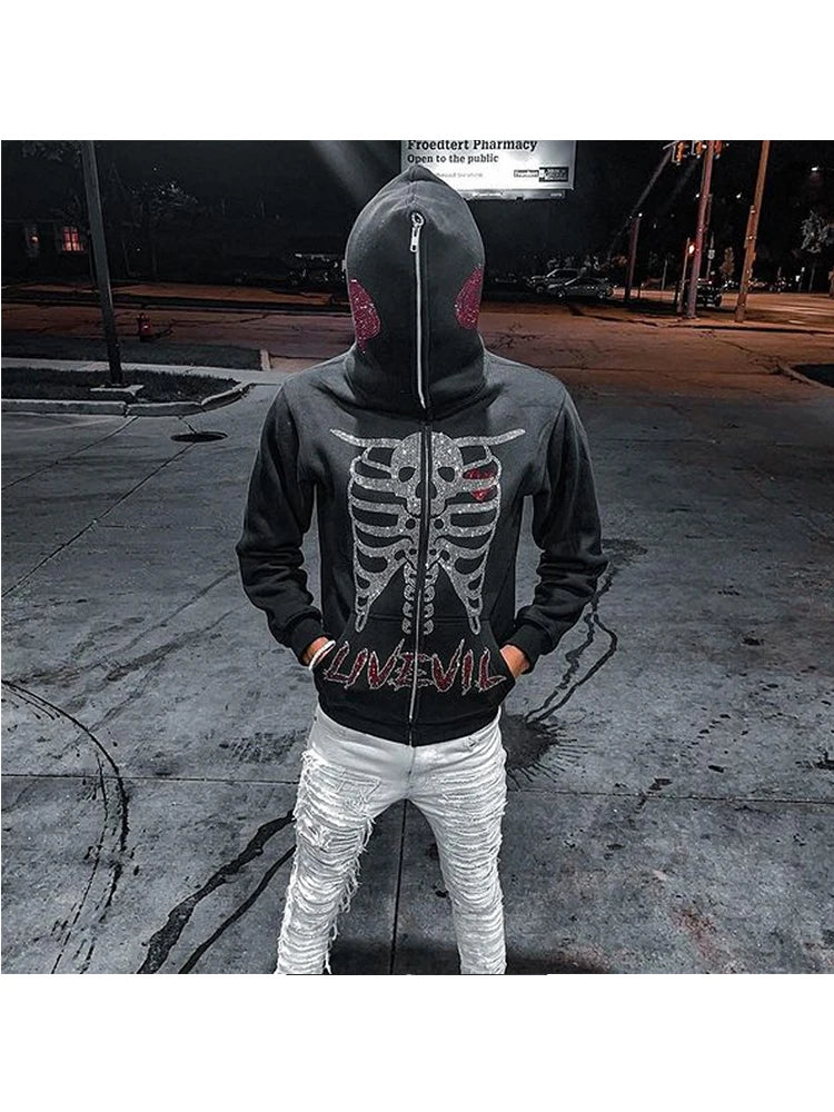 Autumn Winter Zipper Cardigan Skull Heart Shaped Embroidery New Hip Ho