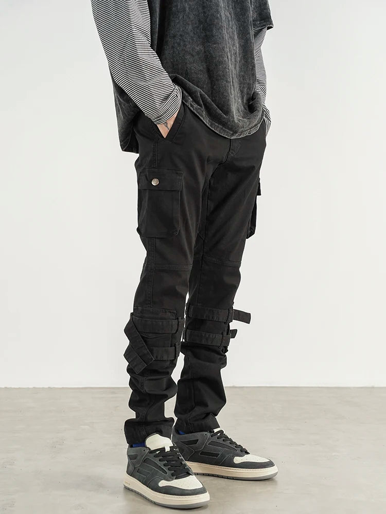 mens high street jeans casual hip hop military cargo pockets trousers new fashion slim fit zipper skinny denim pants joggers unique joggers style 2693