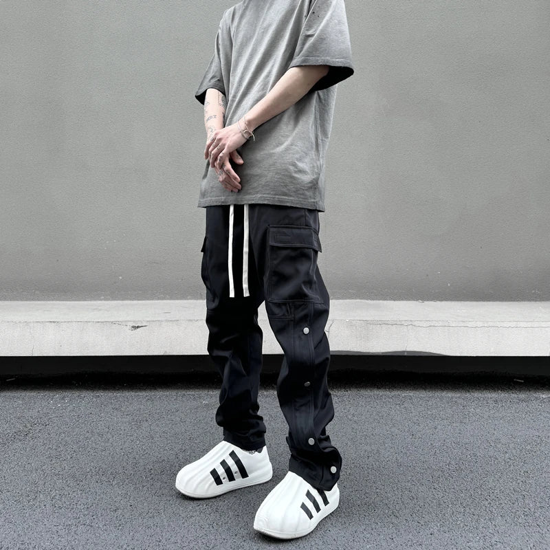 fashion casual hip hop joggers side button trousers elastic waist drawstring track sweatpants new cargo streetwear mens pants unique joggers style 4759