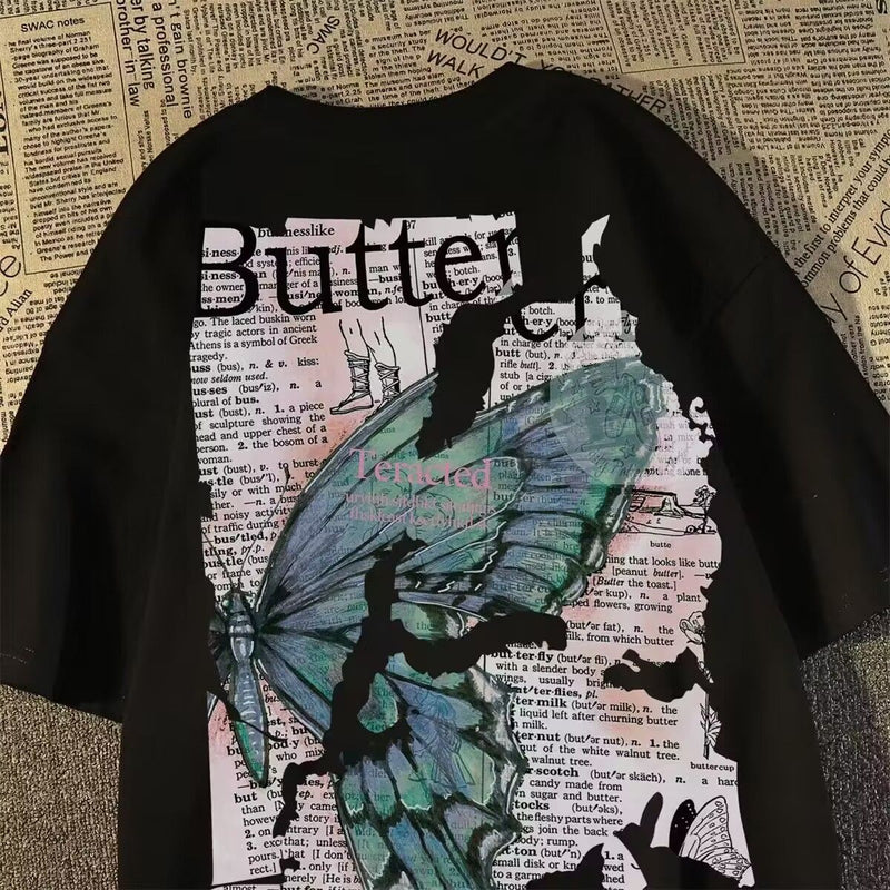Trapwear Crying angel – American Retro Street Butterfly Print Graphic T Shirt Summer