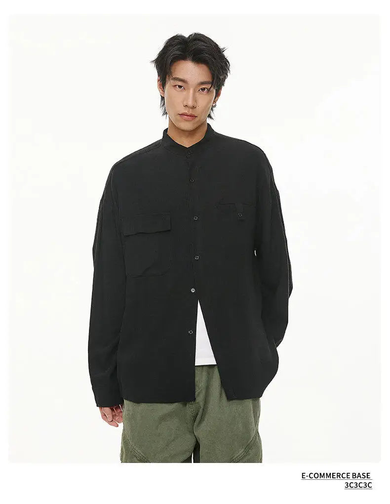 Men Loose Casual Streetwear Fashion Stand Collar Long Sleeve Black White Oversize Shirt Couple Plus Size Shirts Blouses