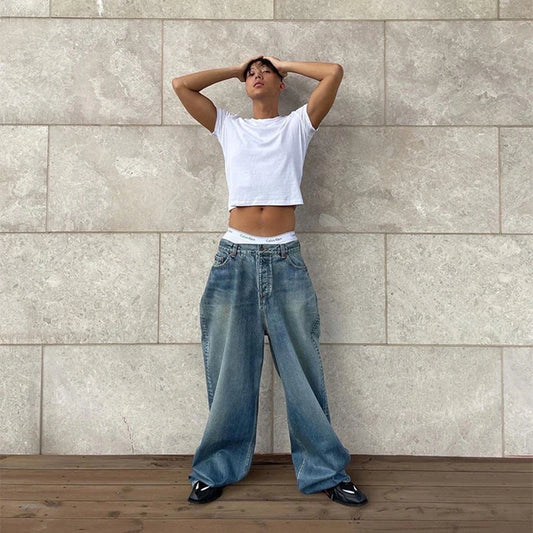 2023 Vintage Heavy Industry Oversized Straight Jeans High Street Distressed Jeans Baggy Wide Legged Floor Mopping Jeans for Men