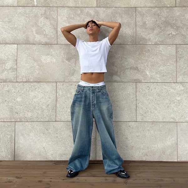 2023 Vintage Heavy Industry Oversized Straight Jeans High Street Distressed Jeans Baggy Wide Legged Floor Mopping Jeans for Men