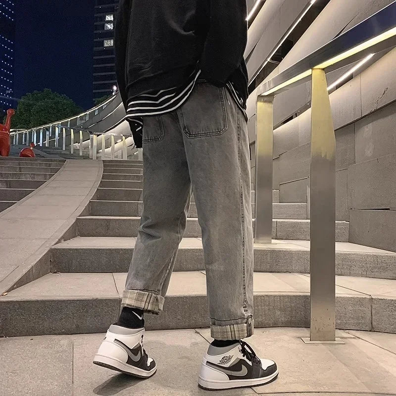 2024 new plaid trouser legs jeans for men casual baggy straight denim pants korean fashion y2k streetwear pantalones hombre jean ripped baggy denim