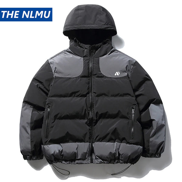 2023 Men Winter Parkas Padded Jacket Hooded Thicken Warm Coat Color Block Patchwork Vintage loose Jackets Black