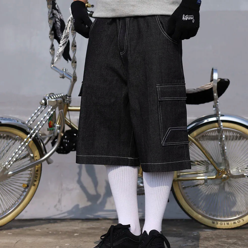 y2k streetwear multi pockets embroidery washed summer jeans shorts for men wide leg baggy casual denim over knee length pants unique jeans style 4738