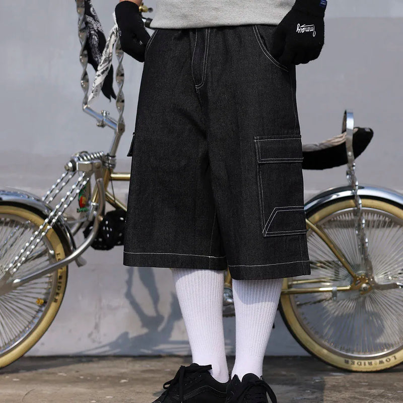y2k streetwear multi pockets embroidery washed summer jeans shorts for men wide leg baggy casual denim over knee length pants unique jeans style 4738