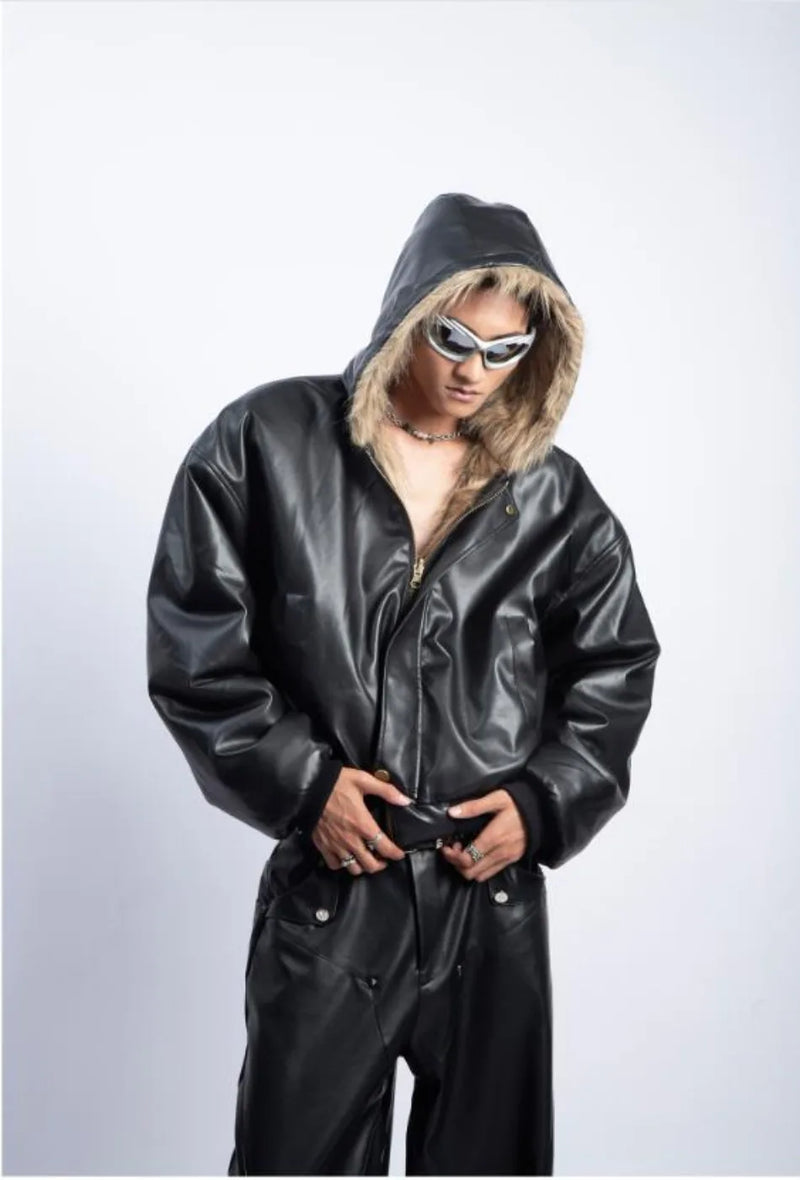 Integrated Fur Leather Men Cotton Jackets Thickened American High Street Motorcycle PU Leather Parkas Winter Couple Punk Outwear