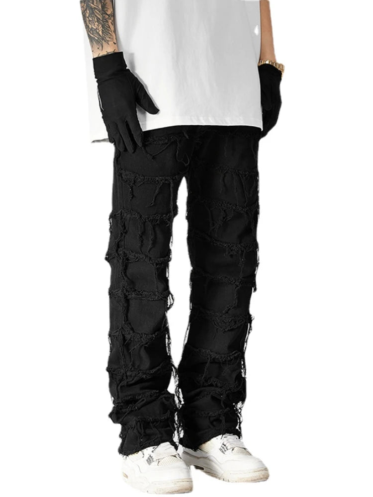 destroyed ripped pieced patchwork denim jean pants casual straight biker trousers mens fashion y2k hip hop streetwear joggers relaxed fit joggers