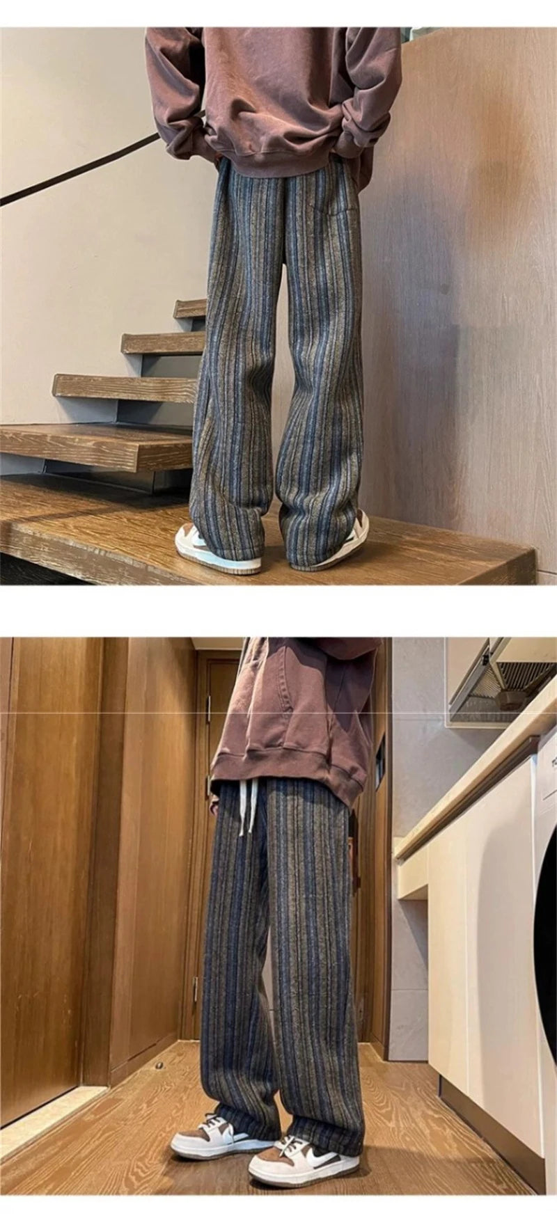 autumn striped woolen straight leg pants for men classic y2k vintage baggy trousers new casual high street fashion sweatpants unique joggers style 289