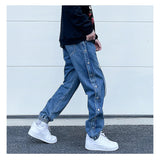 washed distressed denim sweatpant cashew flower patchwork oversized splice buckle jogging jeans casual button baggy men clothing unique joggers style 4365