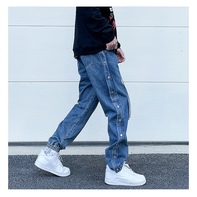 washed distressed denim sweatpant cashew flower patchwork oversized splice buckle jogging jeans casual button baggy men clothing unique joggers style 4365