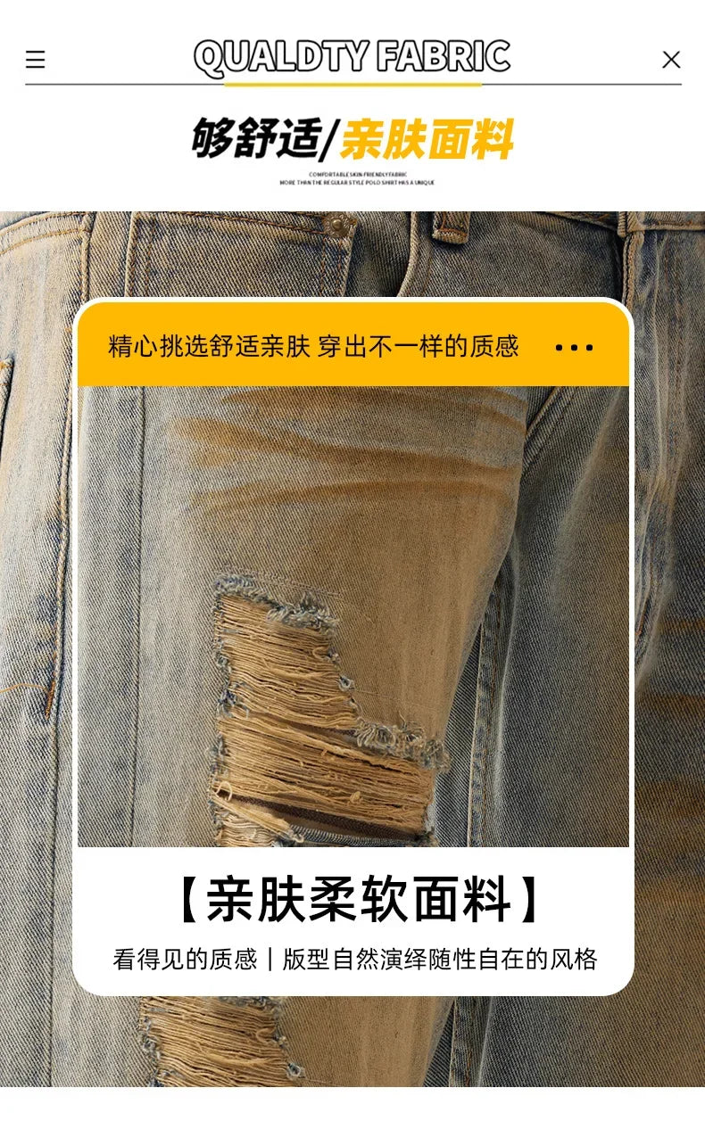 men patch hole distressed plus size denim pant ripped jeans streetwear fashion hip hop vibe loose casual baggy jeans trousers 40 unique jeans style 3175