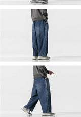 large size jeans basic denim pants solid color mens casual wide leg pants waist elastic hip hop baggy man trousers unique jeans style 385