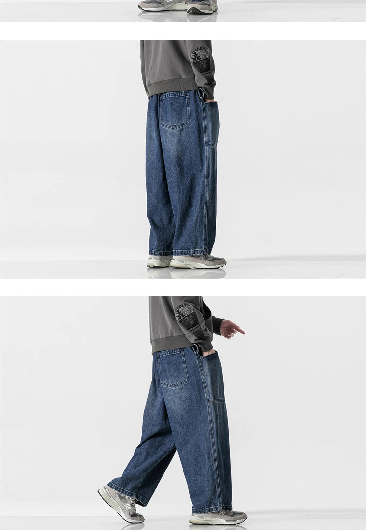 large size jeans basic denim pants solid color mens casual wide leg pants waist elastic hip hop baggy man trousers unique jeans style 385