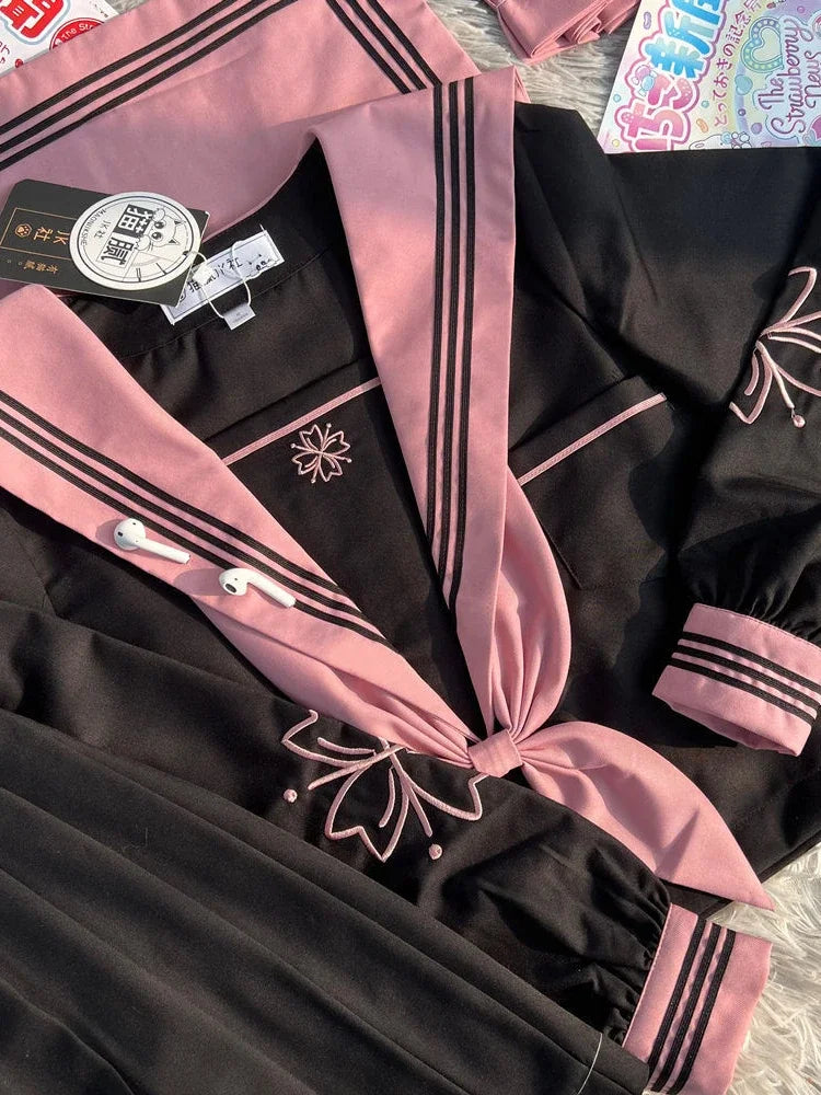 JK Original Kawaii Suit Japanese Genuine Cherry Blossom Embroidered Top + Dark Bad Jk Uniform Skirt Girly Sailor Suit