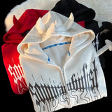 Y2K Kawaii Devil Horn Tail Hip Hop Badge Print Hoodies Cardigan Couple