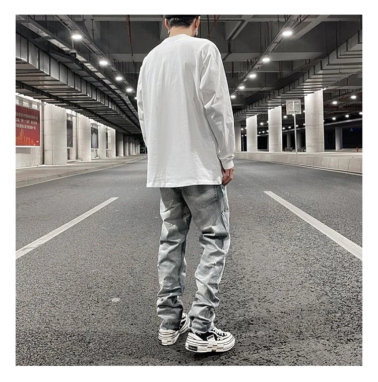 original tie dyed ripped flared denim jean for men streetwear washed hole casual stacked jeans pants mens slim fit jeans 2023 unique jeans style 3740