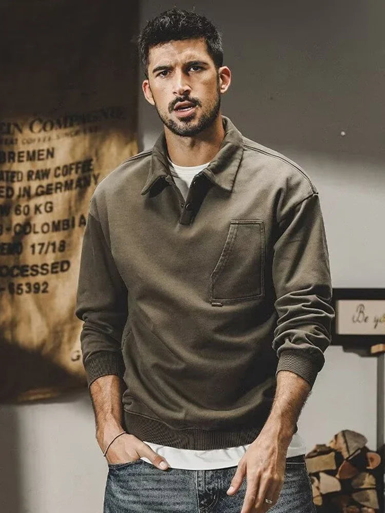 Autumn Y2K Vintage Long Sleeve Sweatshirt Mens Loose Pockets Polo Neck