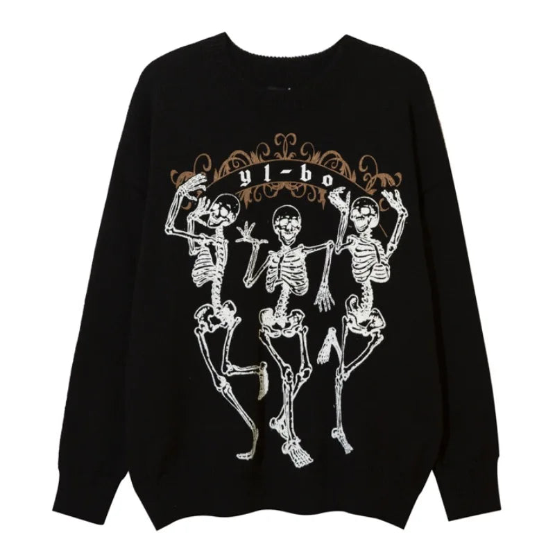 hip hop harajuku skeleton printed knitted sweater unisex pullover streetwear winter casual loose sweater warm jumpers knitwear - graphic printed hoodie for men and women, urban fashion pullover, gothic aesthetic hoodie for winter