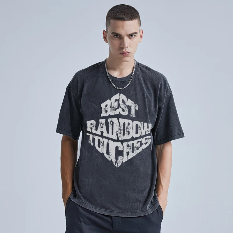 Y2K Graphic Tee – Rainbowtouches Washed Mens T Shirt Vintage Unisex White Prin – Urban Streetwear for Men & Women