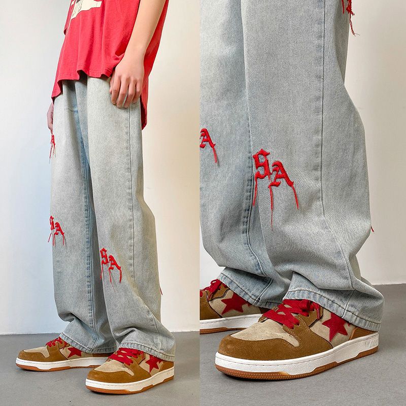 2023 summer new fashion retro embroidery jeans loose straight leg pants versatile wide leg pants boutique clothing simple style ripped baggy denim