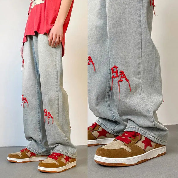 2023 summer new fashion retro embroidery jeans loose straight leg pants versatile wide leg pants boutique clothing simple style stacked flare jeans