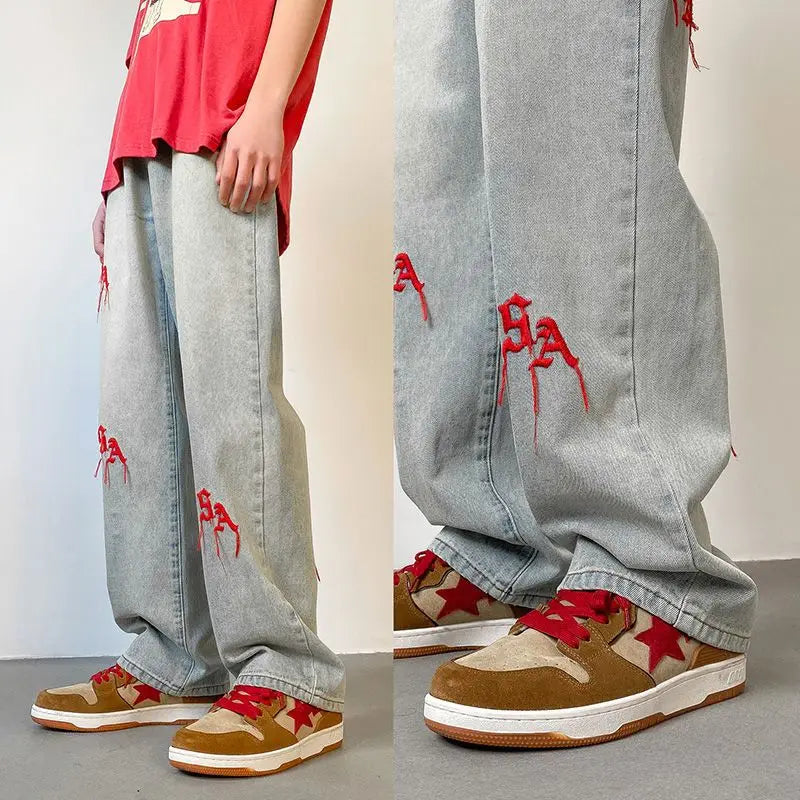2023 summer new fashion retro embroidery jeans loose straight leg pants versatile wide leg pants boutique clothing simple style stacked flare jeans