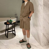 Men  Casual Suit Trendy New Neutral Solid Blazer Collar Shirts LGBT Design Short-sleeved Blouse Shorts Two-piece Set