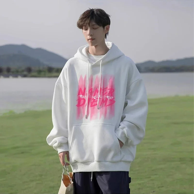 2024 New Graffiti Letter Print Hooded Fleece Sweatshirt For Men Loose
