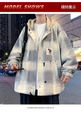 American high street men and women trendy personalized hooded cardigan sweatshirt couple loose retro plaid casual jacket top y2k