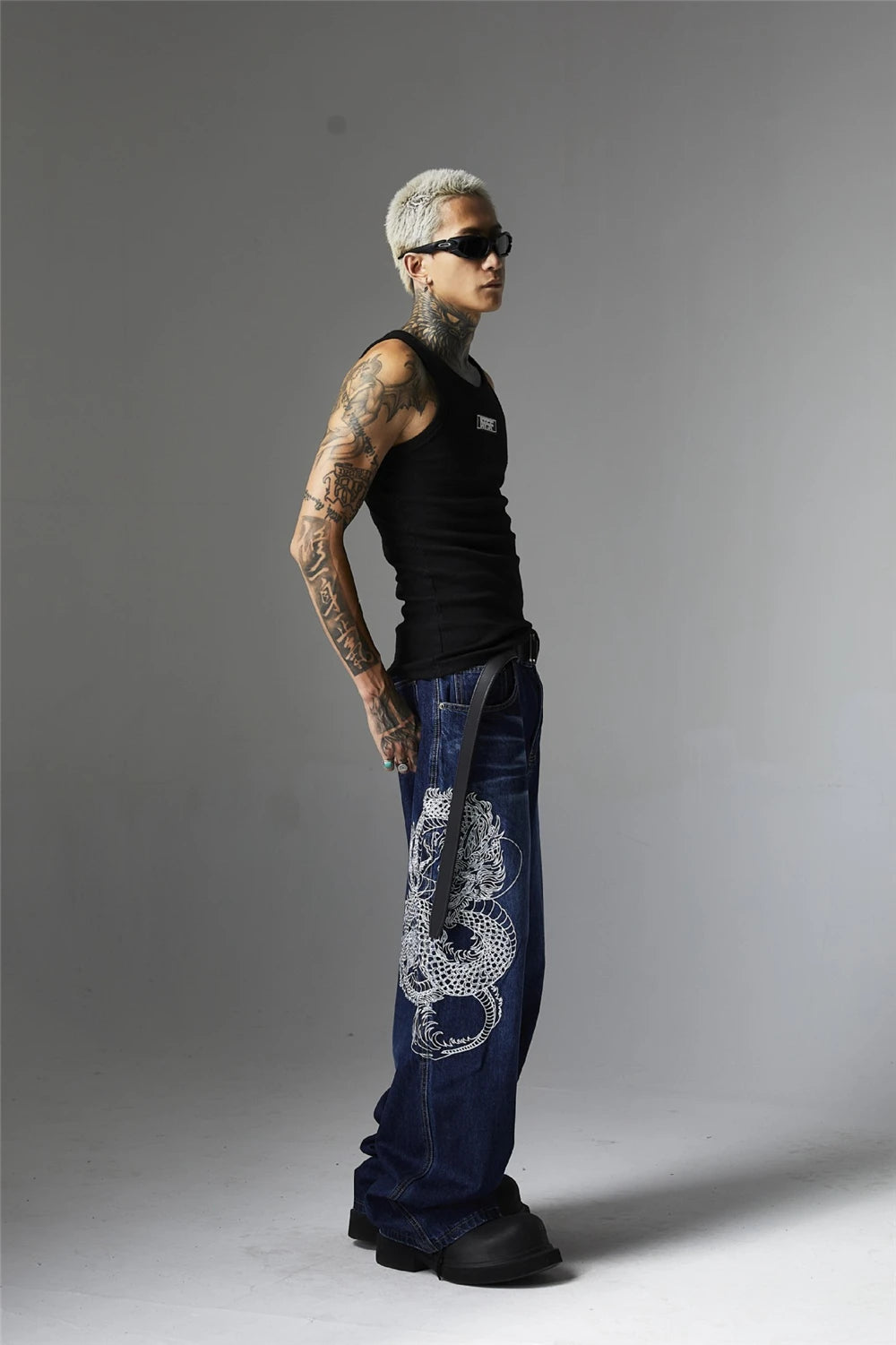 mens black baggy jeans dragon embroidered straight jeans streetwear hip hop loose trousers male luxury designer denim pants unique jeans style 1991